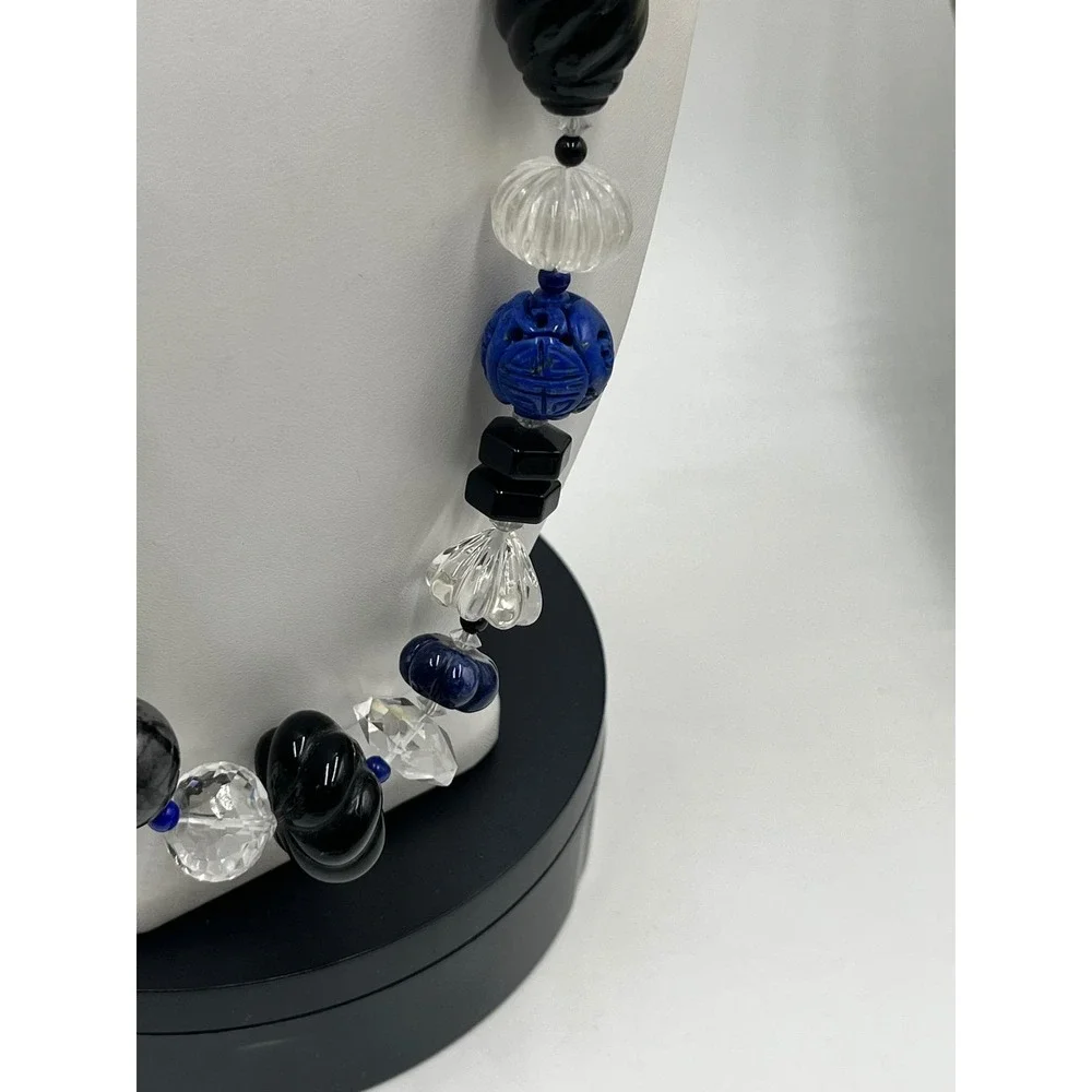 Neckings‎ by Paulette One of a Kind Chunky Carved Rock Quartz Blue Sodalite Onyx